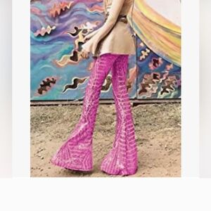 Vibrant Pink Sequin Flared Pants Medium Boho Revival